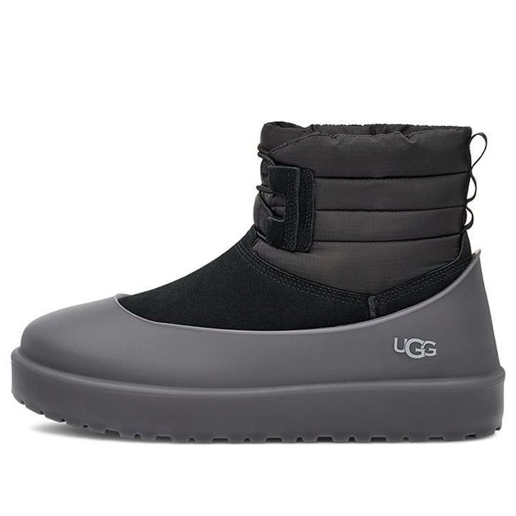 UGG Classic Mini Lace-Up Weather Boot in Black, featuring a stylish lace-up design and warm sheepskin lining, perfect for winter fashion.