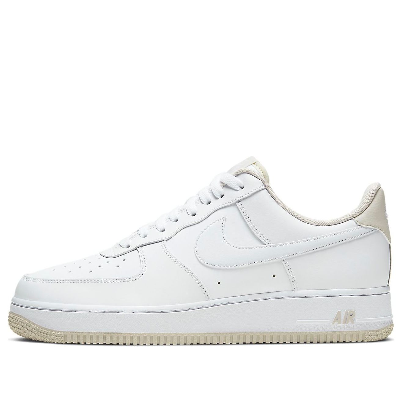 Nike Air Force 1 Low 'White Light Bone' product image showing the sleek all-white leather design with signature perforations for breathability.
