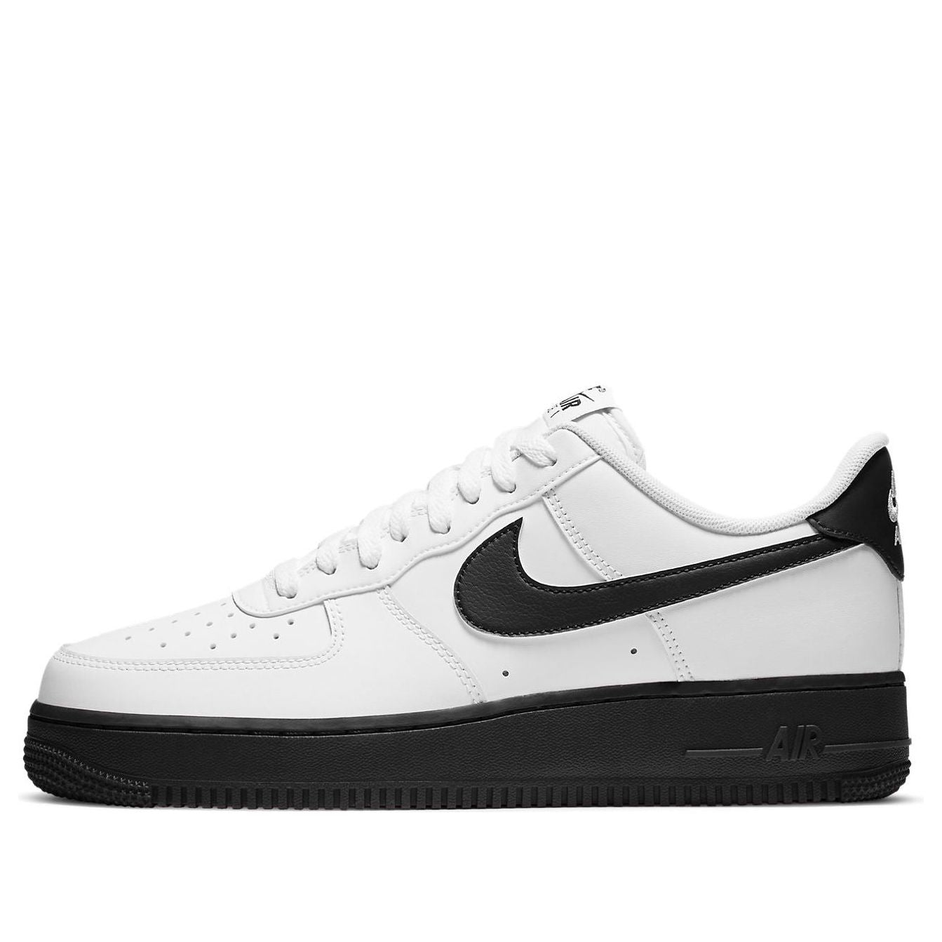 Nike Air Force 1 Low 'White Black Sole' showing the sleek white leather upper with contrasting black swoosh and sole.