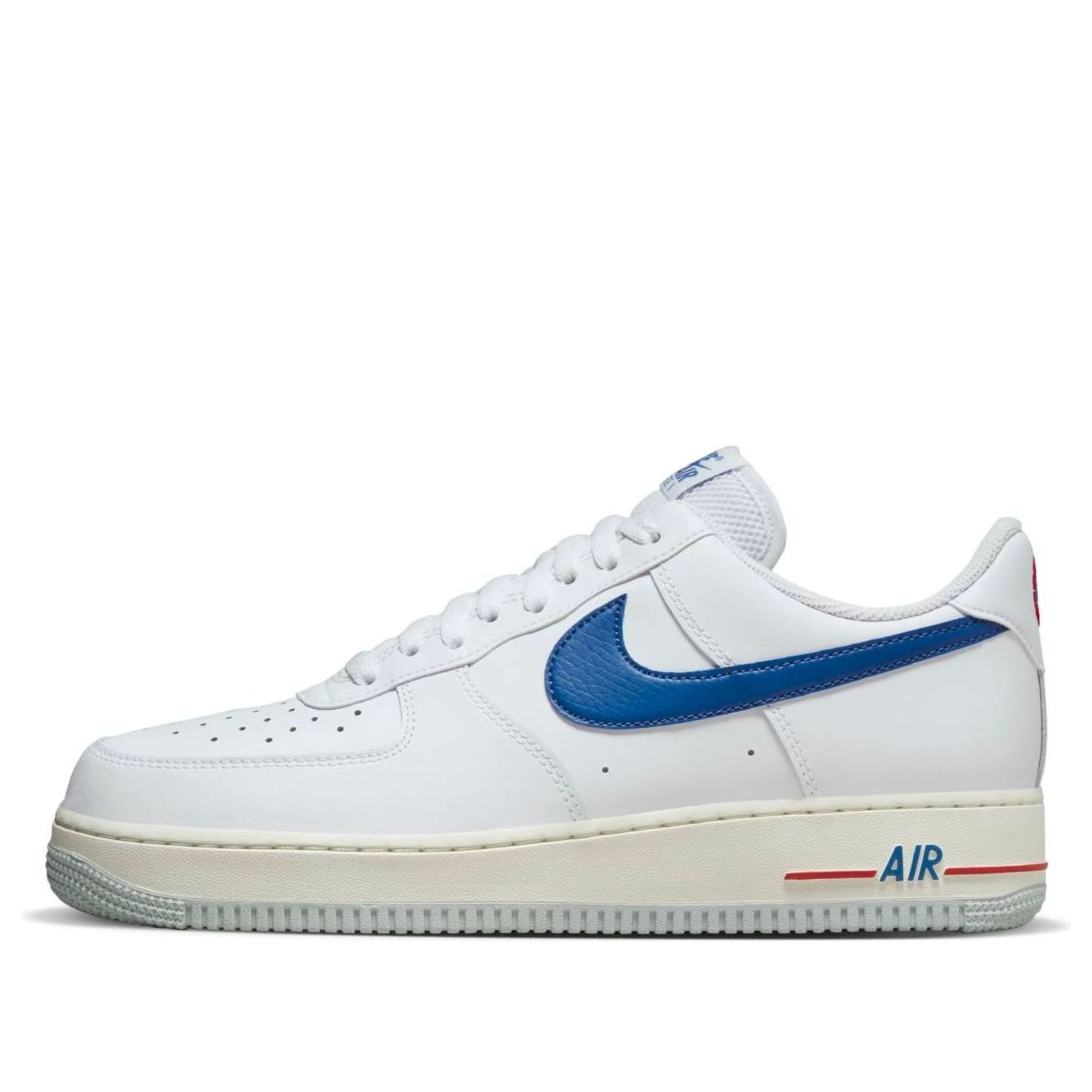 Close-up of Nike Air Force 1 '07 'USA - White Game Royal sneakers showcasing the white upper with Game Royal and University Red accents.