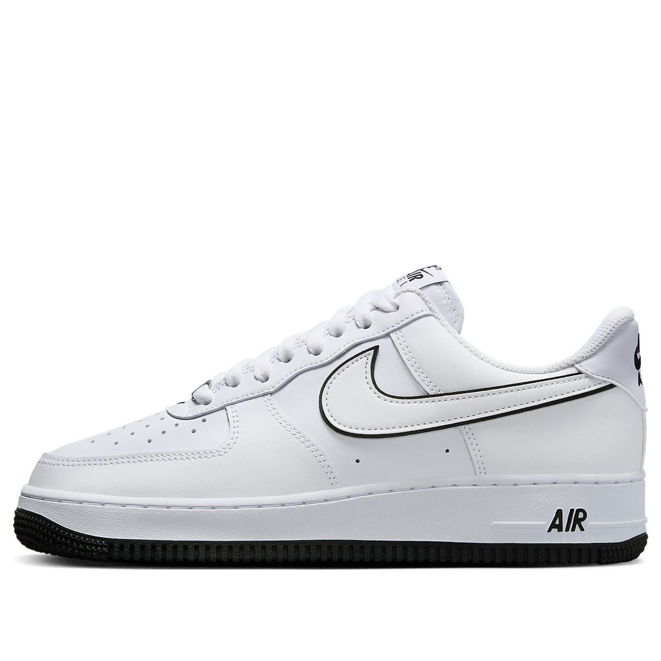 Nike Air Force 1 Low 'White Black' showcasing the classic white leather upper with a black outline Swoosh design.
