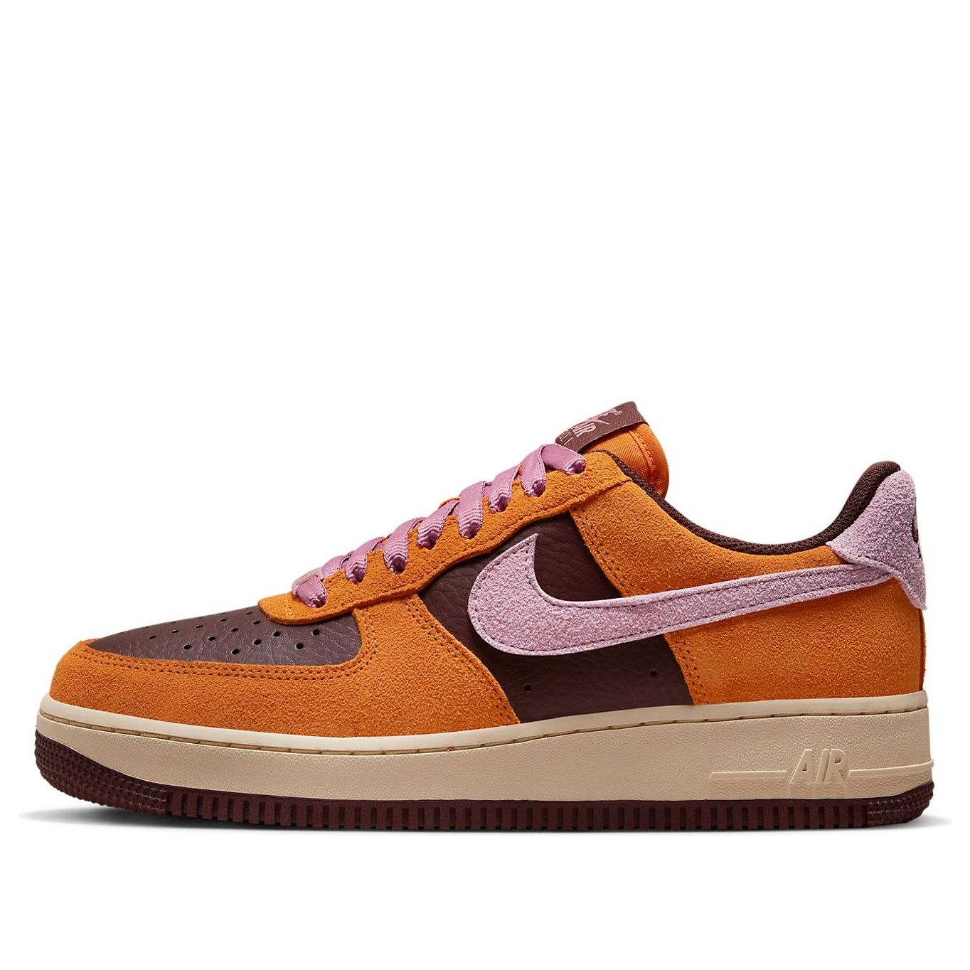 Stylish Nike Air Force 1 Low 'Magma Orange' sneaker with vibrant orange, pink, and brown colorway.