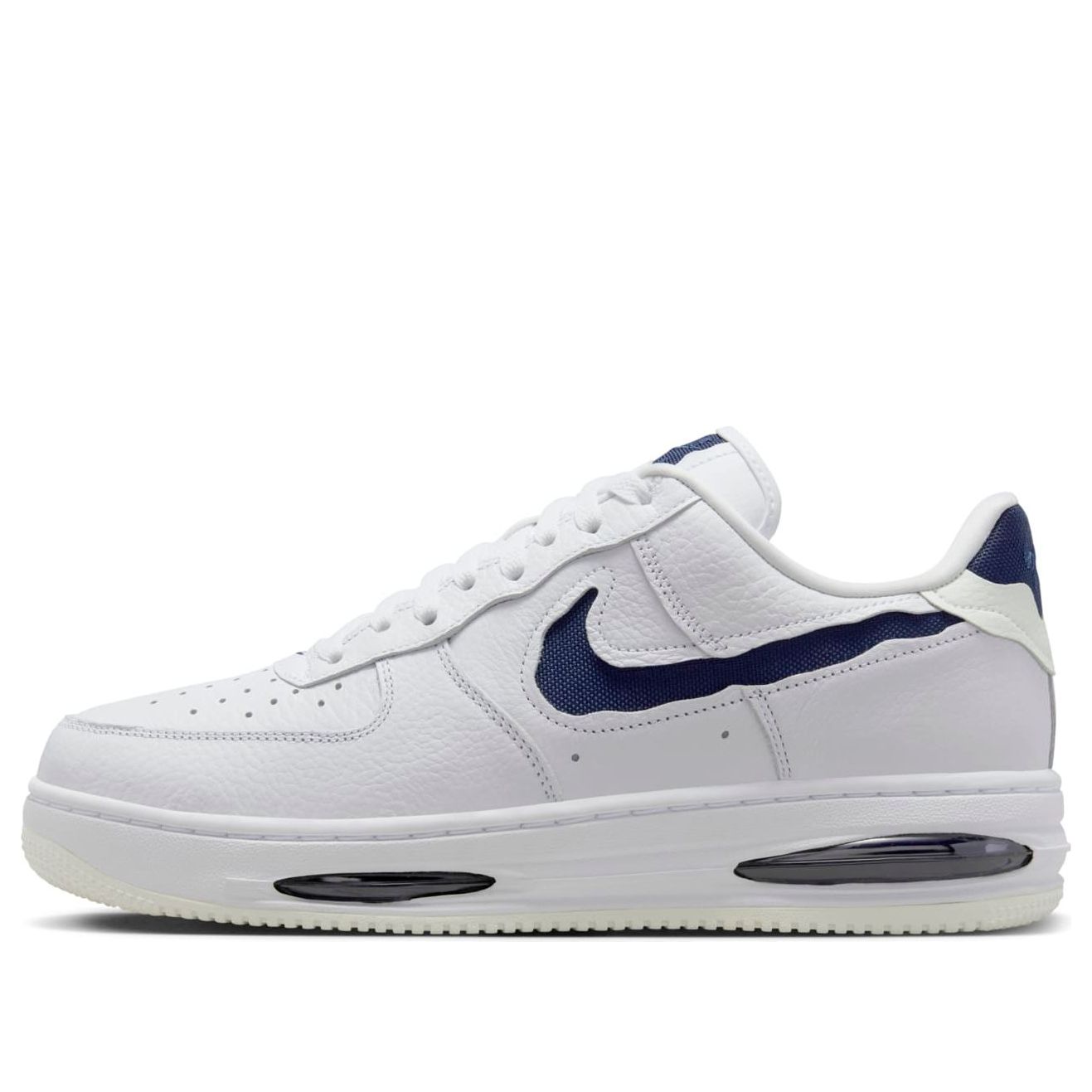 Nike Air Force 1 Low Evo 'White Midnight Navy' sneaker showcasing a stylish white and midnight navy colorway.