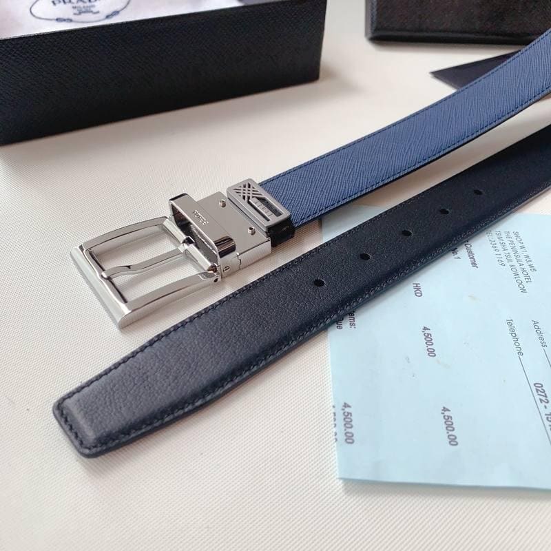 Prada Leather Reversible Belt With Triple Buckles 'Black/Blue' | Banlieue91
