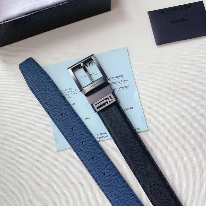Prada Leather Reversible Belt With Triple Buckles 'Black/Blue' | Banlieue91