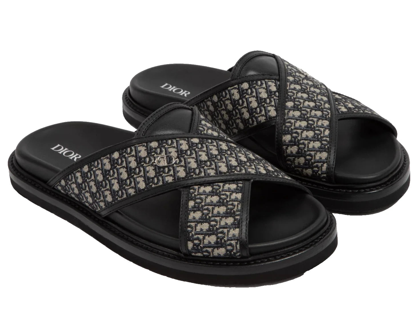 Black and patterned sandals with Dior logo on a white background