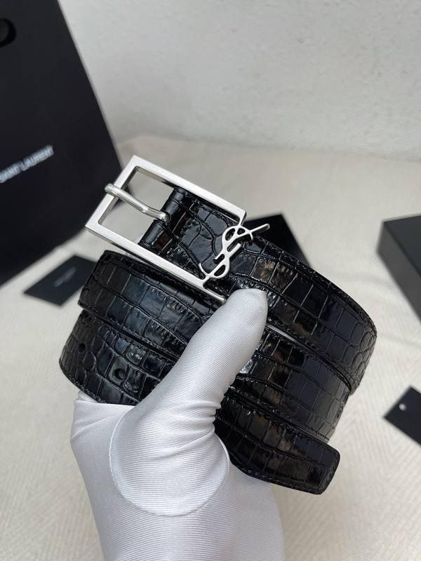 Saint Laurent Classic Monogram Square Buckle Belt Crocodile Embossed Leather | Banlieue91