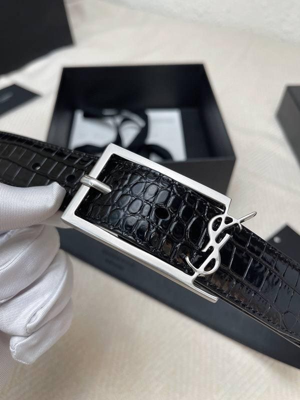 Saint Laurent Classic Monogram Square Buckle Belt Crocodile Embossed Leather | Banlieue91