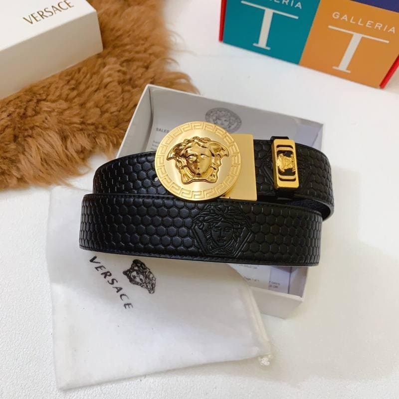 Versace Black Leather Vitello Belt Gold Medallion Buckle | Banlieue91