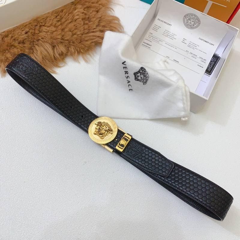 Versace Black Leather Vitello Belt Gold Medallion Buckle | Banlieue91