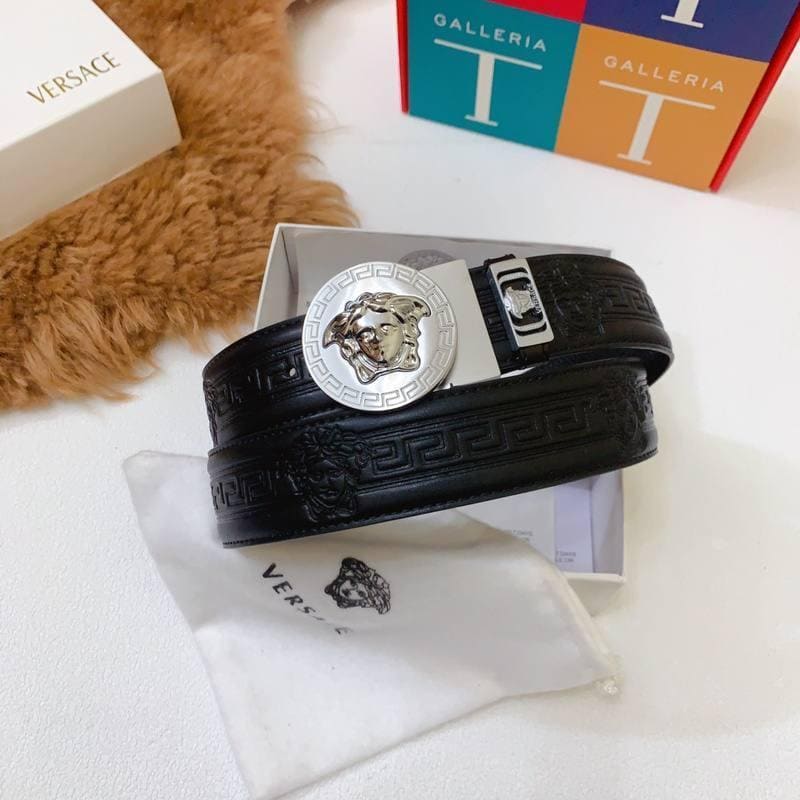 Versace Black Leather Vitello Belt Silver Medallion Buckle | Banlieue91