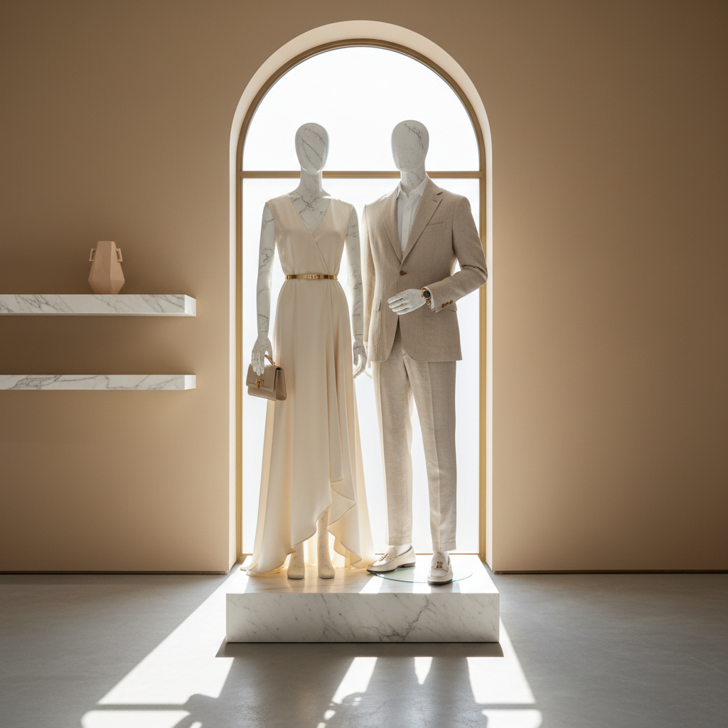 luxury fashion displayed on mannequins in a bright minimalist room with marble and gold accents