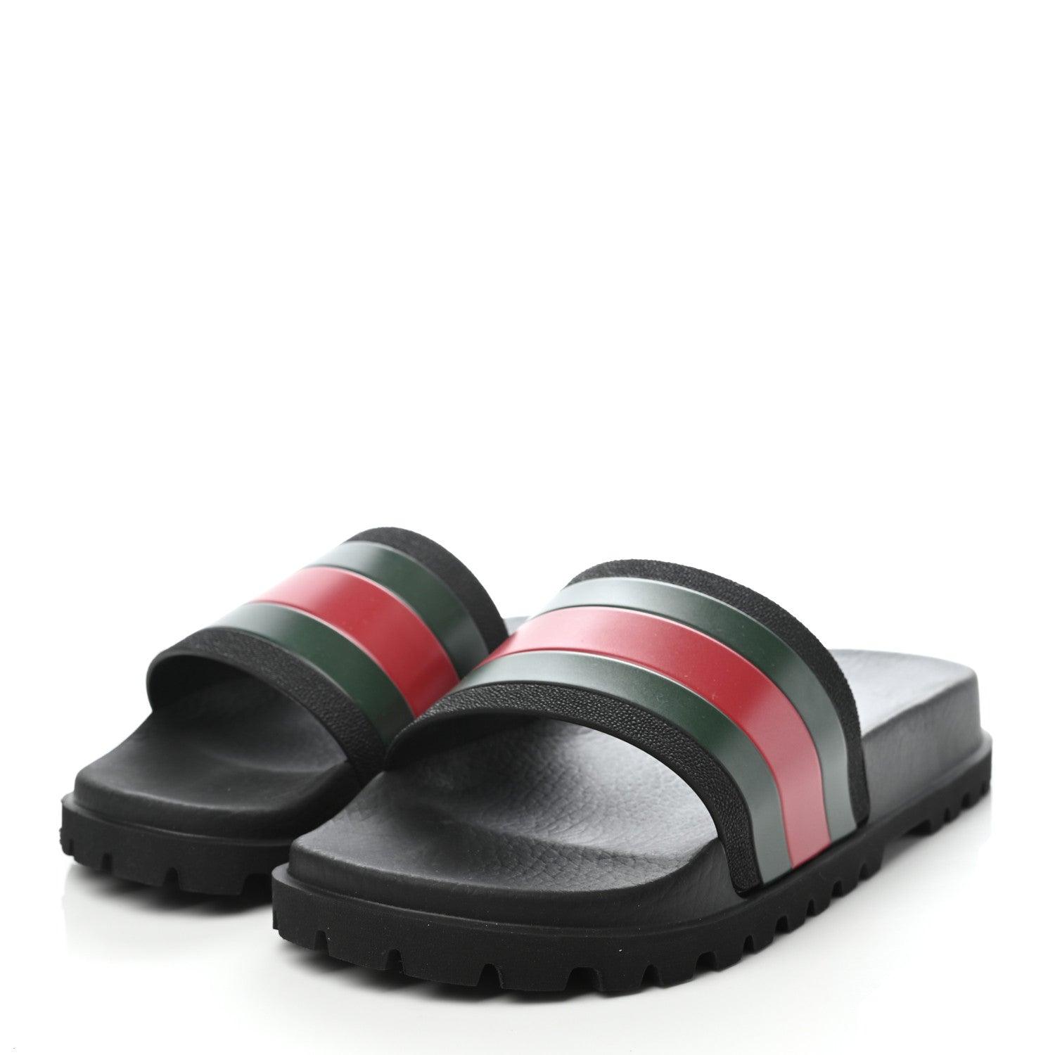 Gucci Rubber Web Mens Lug Sole Slide Sandals Black Green Red - Banlieue91