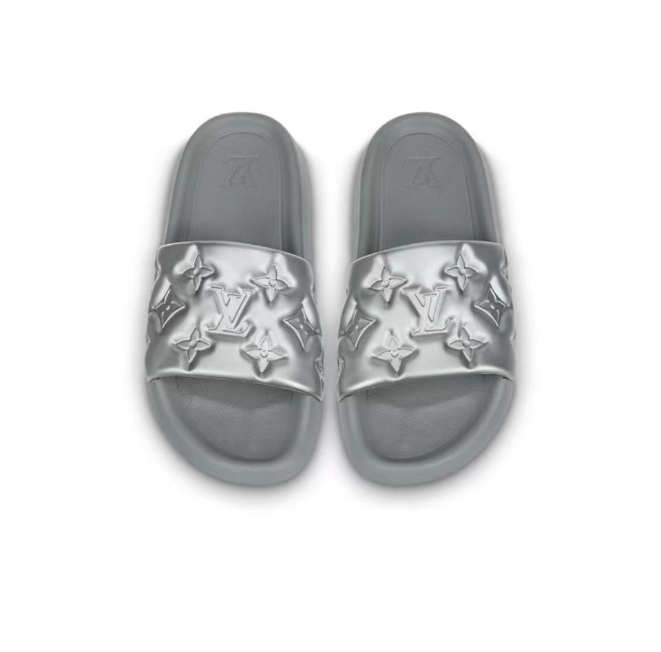 LOUIS VUITTON Waterfront Slide Slippers Men's Silver Gray