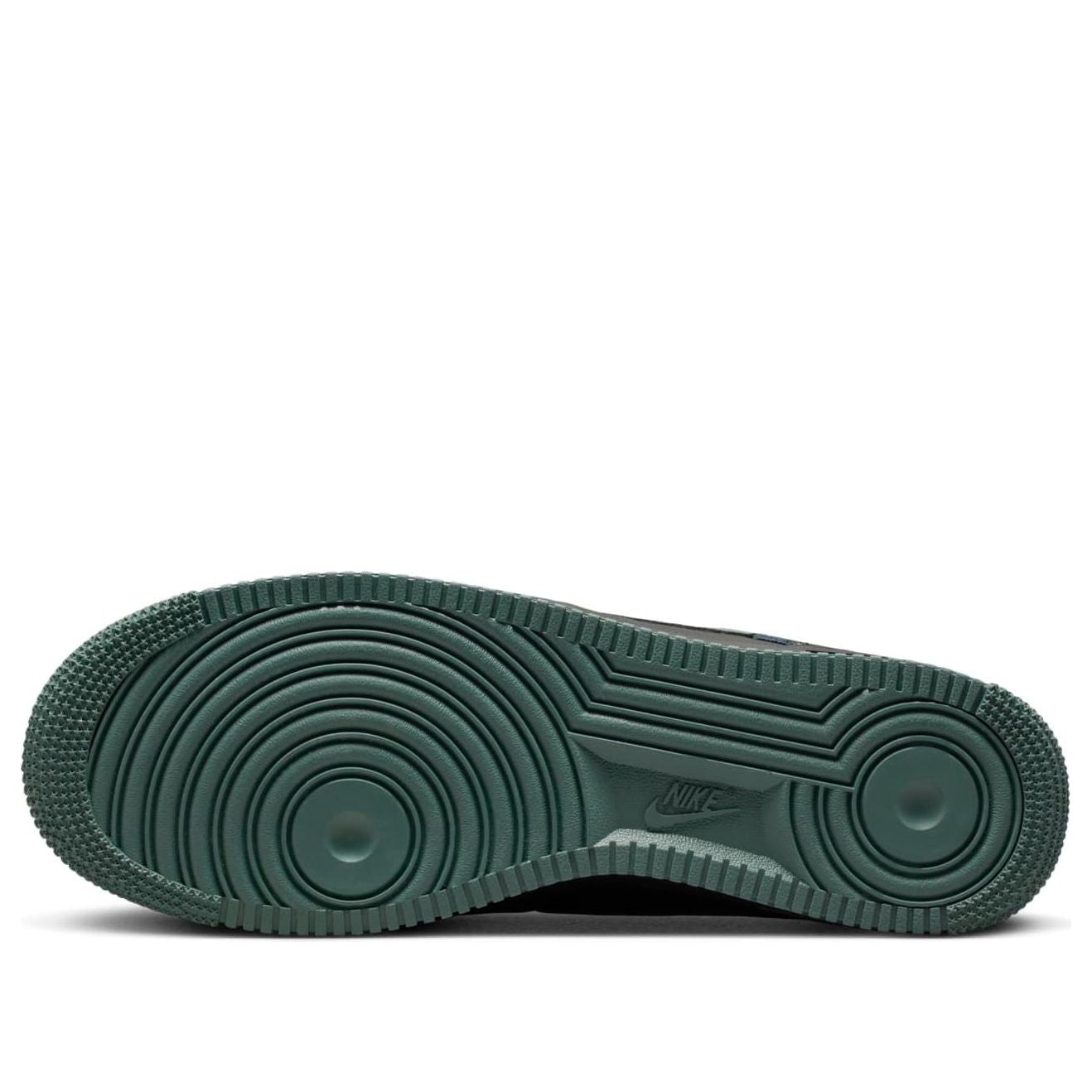 Detailed shot of the Nike Air Force 1 Low 'Black Vintage Green' tongue branding and back tab accenting the design.