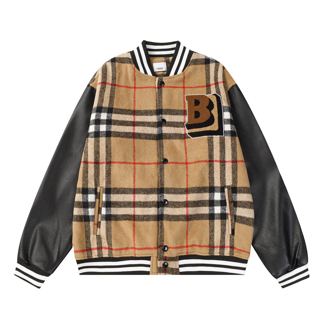 BURBERRY Brown Checked Wool-Blend and Full-Grain Leather Varsity Jacket - Banlieue91