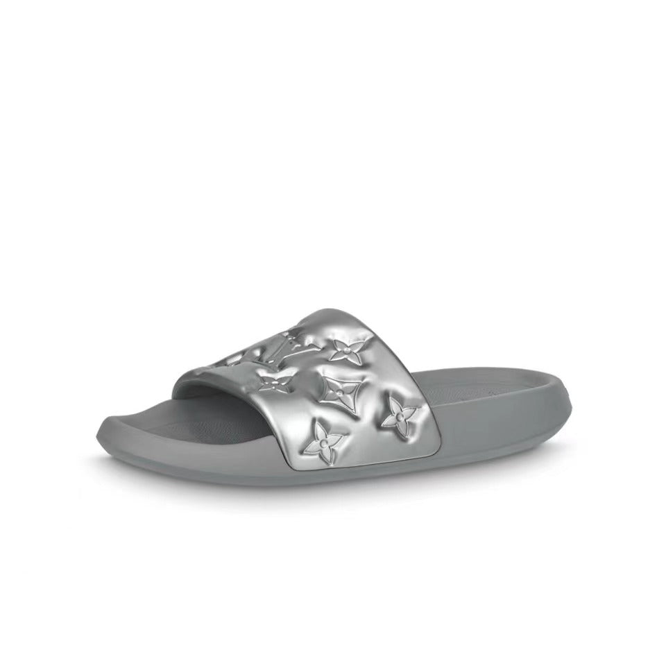 LOUIS VUITTON Waterfront Slide Slippers Men's Silver Gray