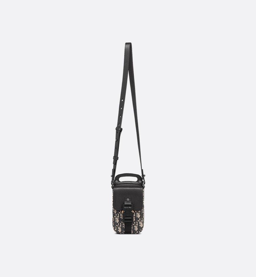 Saddle Vertical Pouch with Strap Beige and Black Dior Oblique Jacquard with Black Grained Calfskin - Banlieue91