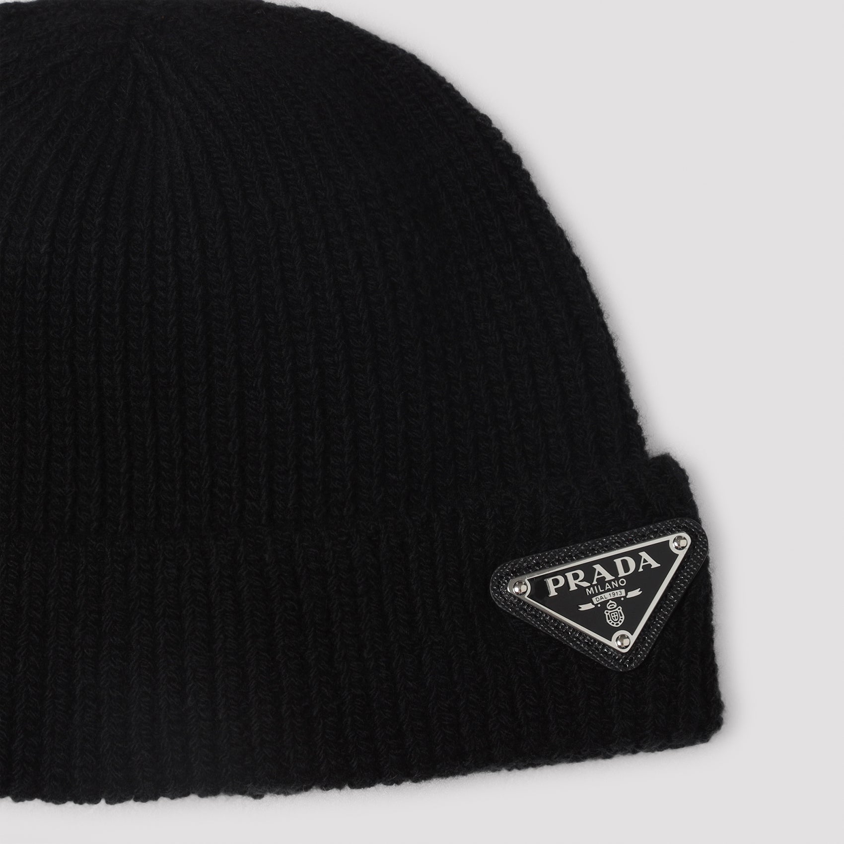 PRADA Ribbed Wool and Cashmere Beanie with Triangle Logo - Banlieue91 -