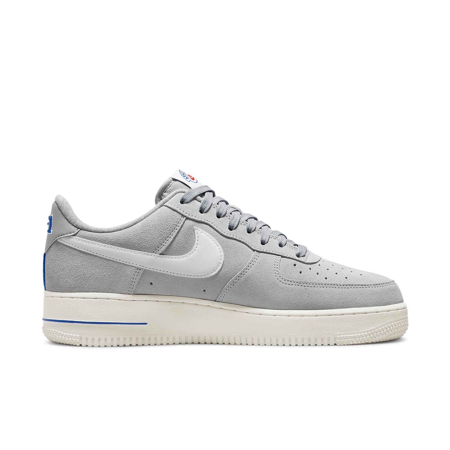 Side profile of the Air Force 1 Low 'Athletic Club White', highlighting the white leather swooshes and the unique Light Smoke Grey and Hyper Royal colorway.