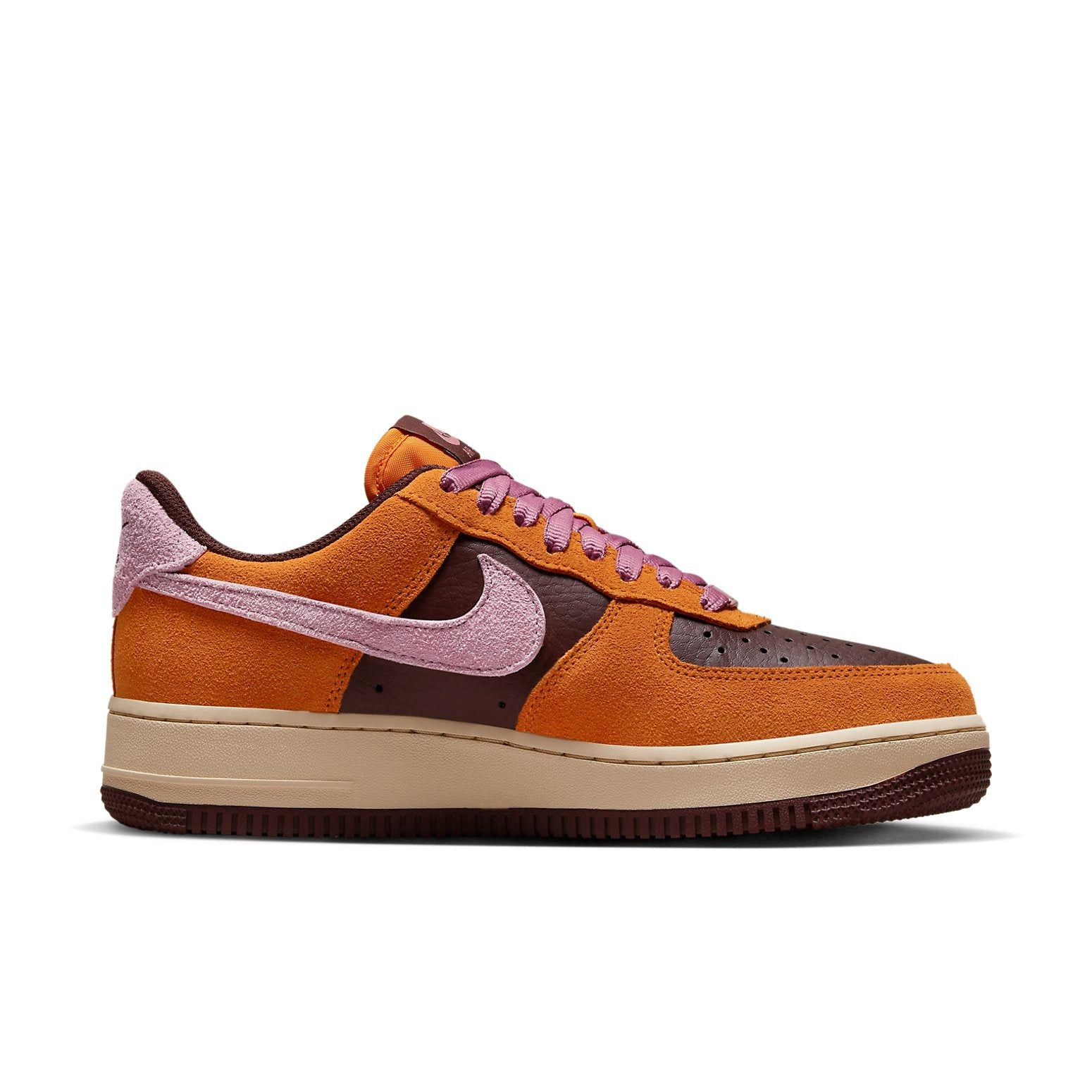 Close-up of the Nike Air Force 1 Low 'Magma Orange' detailing showcasing unique design and color pattern.