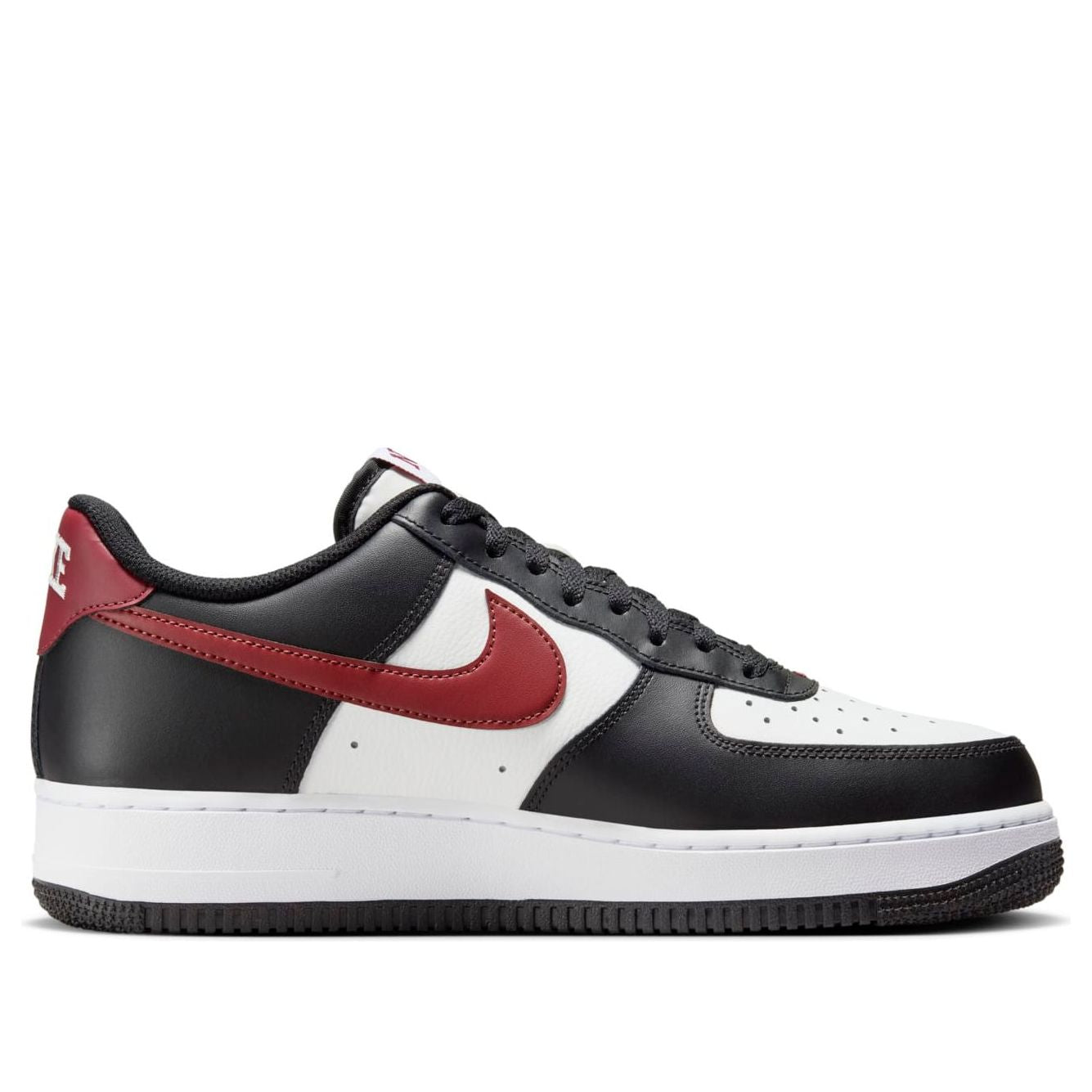 Zoomed in view of the Air Force 1 '07 'Black White Red' sneaker highlighting the detailed shoe design and textures.