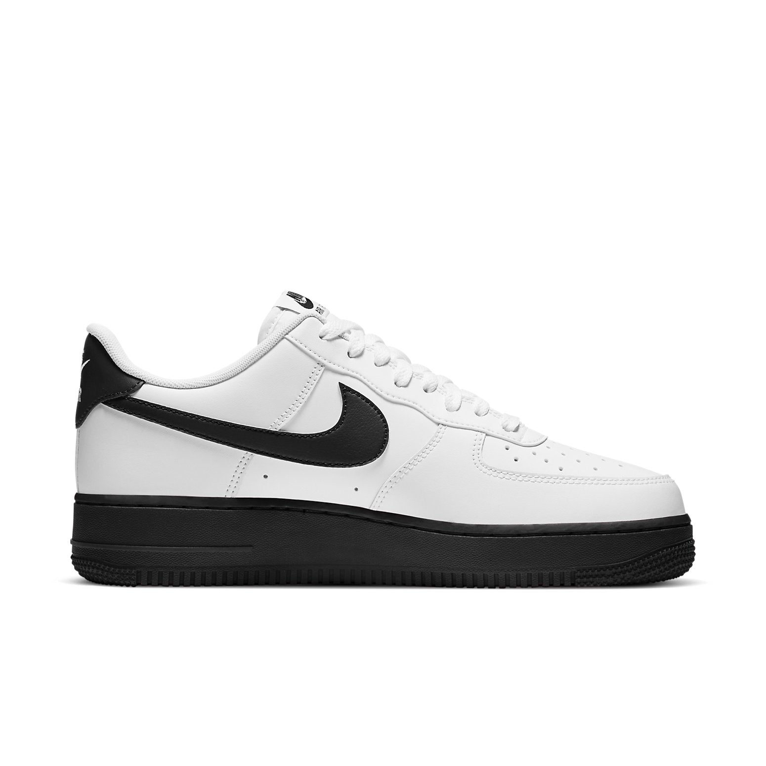 Close-up of the Nike Air Force 1 Low 'White Black Sole' highlighting the iconic Nike Air logo on the tongue.