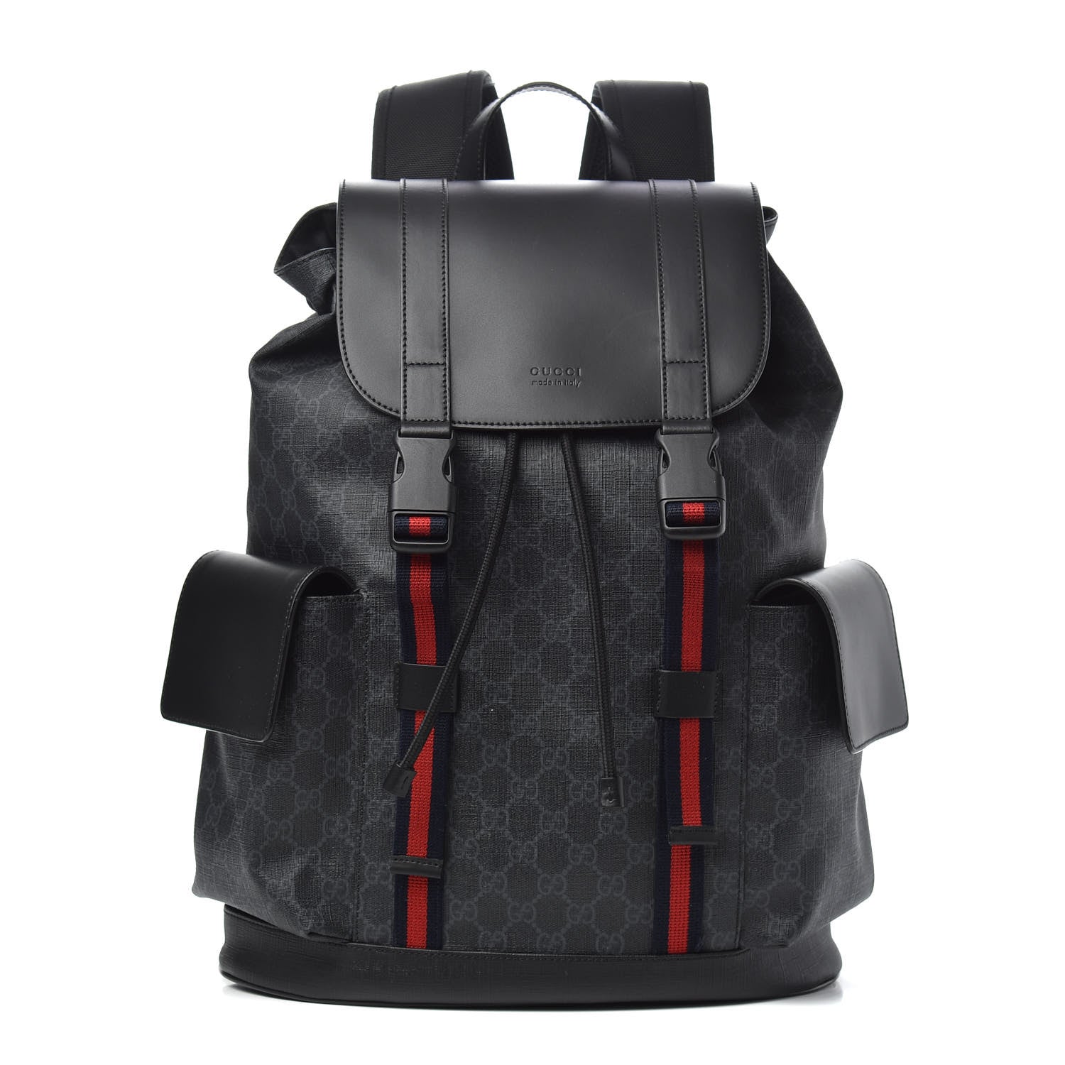 Gucci Soft GG Supreme Monogram Appia Calfskin Web Double Buckle Backpack Black - Banlieue91