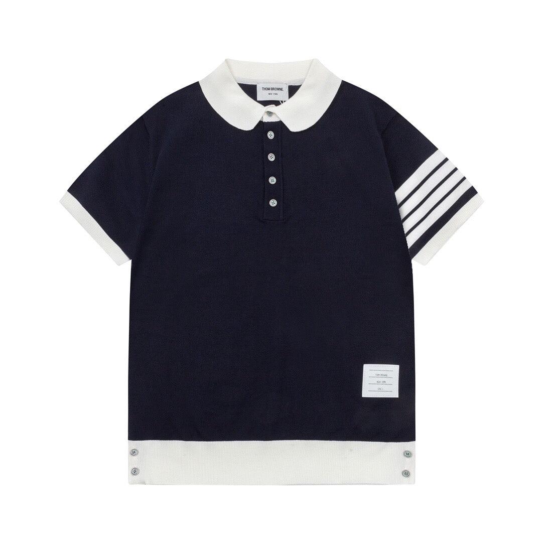 Thom Browne Navy Blue & White T-Shirt with Collar - Banlieue91