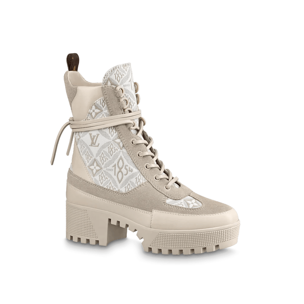 Louis Vuitton Laureate Platform Desert Boots showcasing the vintage-inspired Since 1854 jacquard textile pattern and suede calf leather trim.