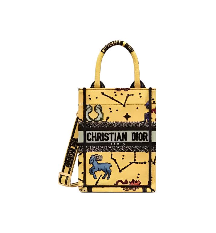 Christian Dior Canvas Embroidered Pixel Zodiac Mini Book Tote Phone Bag in Latte Multicolor