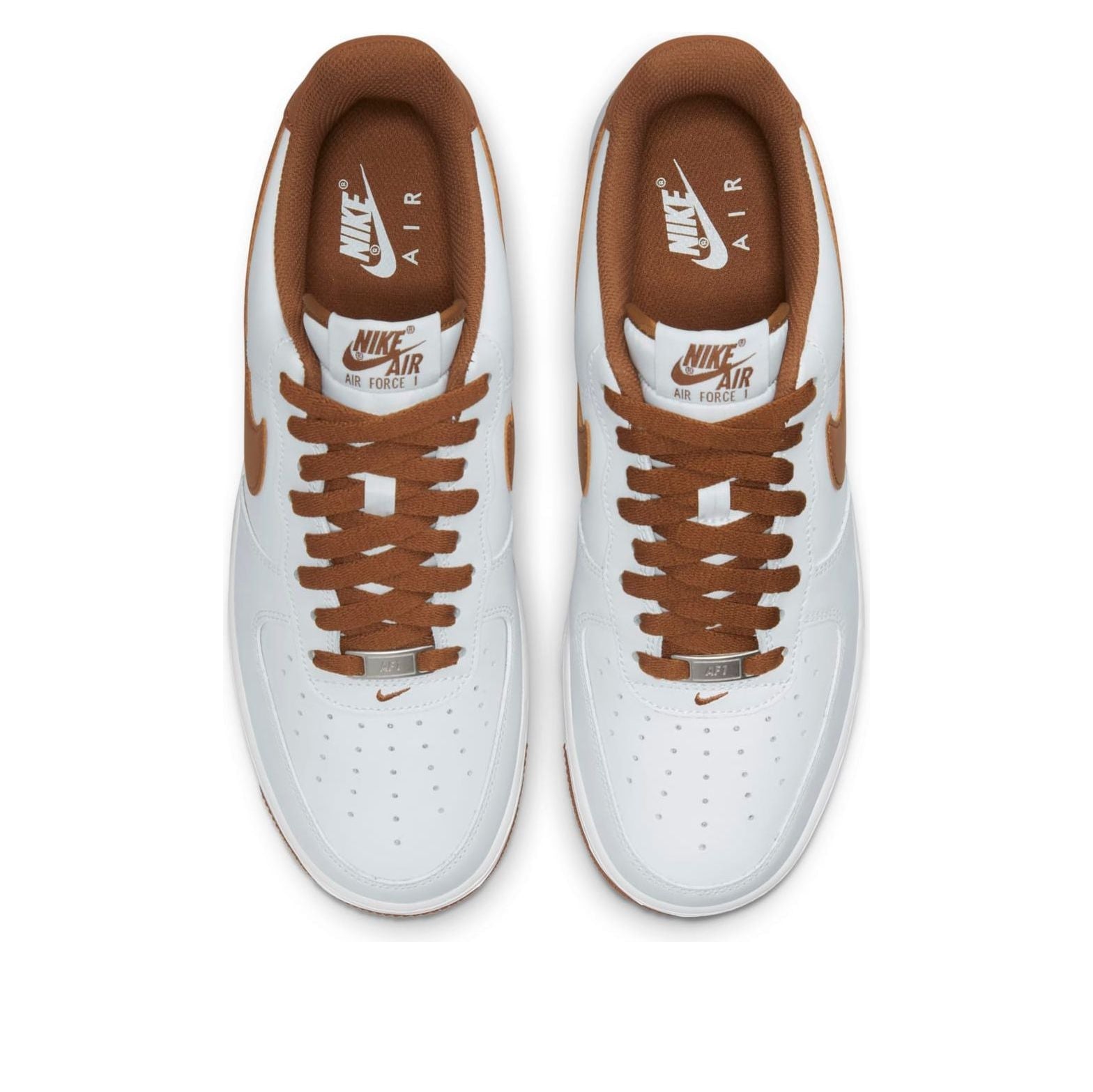 Top view of Nike Air Force 1 '07 'Pecan', featuring a blend of white leather with chocolate-inspired accents and signature branding.