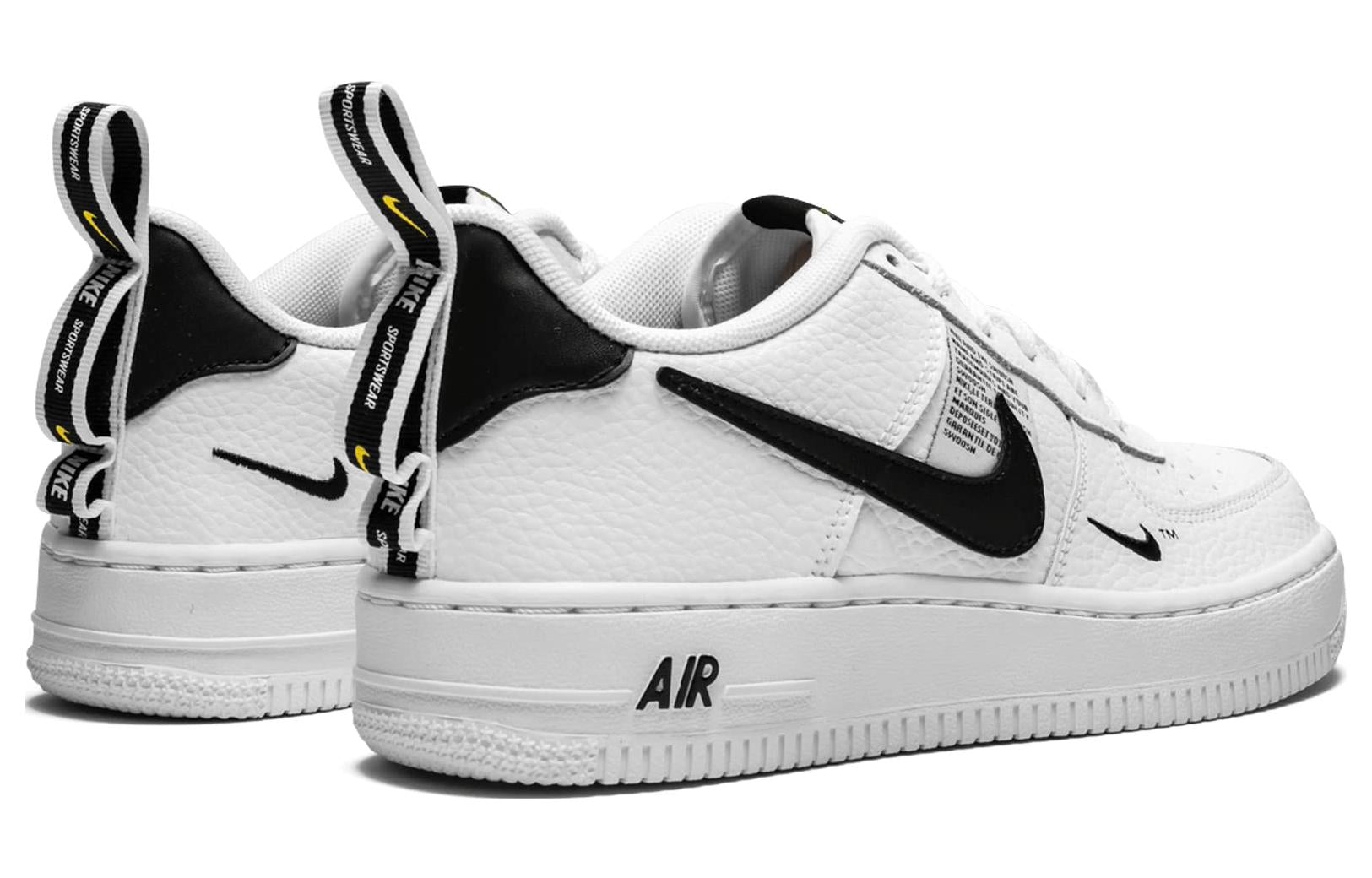 Side view of the Nike Air Force 1 '07 LV8 'Overbranding' showcasing a nylon tongue and deconstructed branding elements.