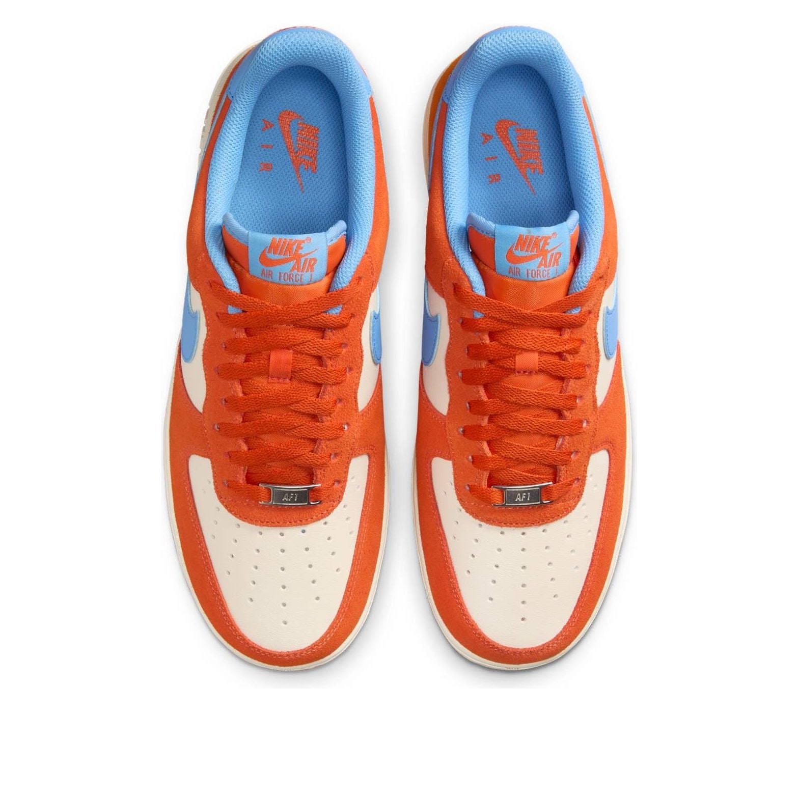 Top view of the Air Force 1 Low 'Safety Orange Light Blue' highlighting the laces and design.