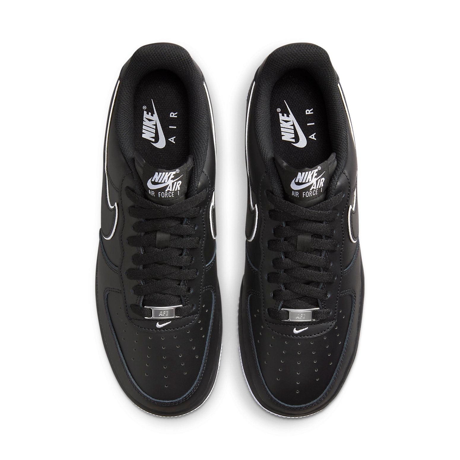 Nike Air Force 1 Low '07 Black White Sole (2023) heel detail showing the 'NIKE AIR' embroidery and stylish black Swoosh.