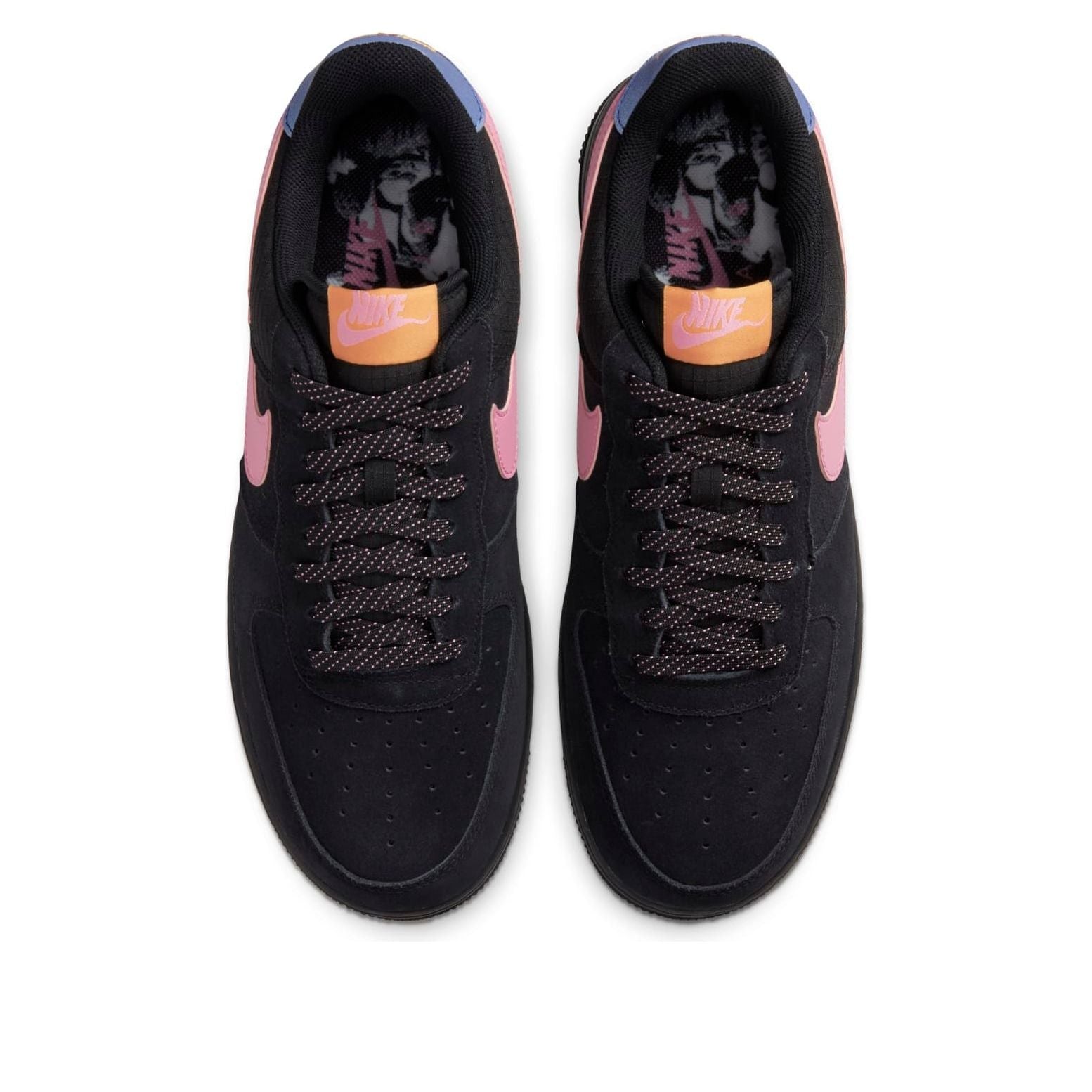 Unique design of Nike Air Force 1 Low 'Black ACG' highlighting the pink leather Swoosh and blue leather heel patch against the black background.