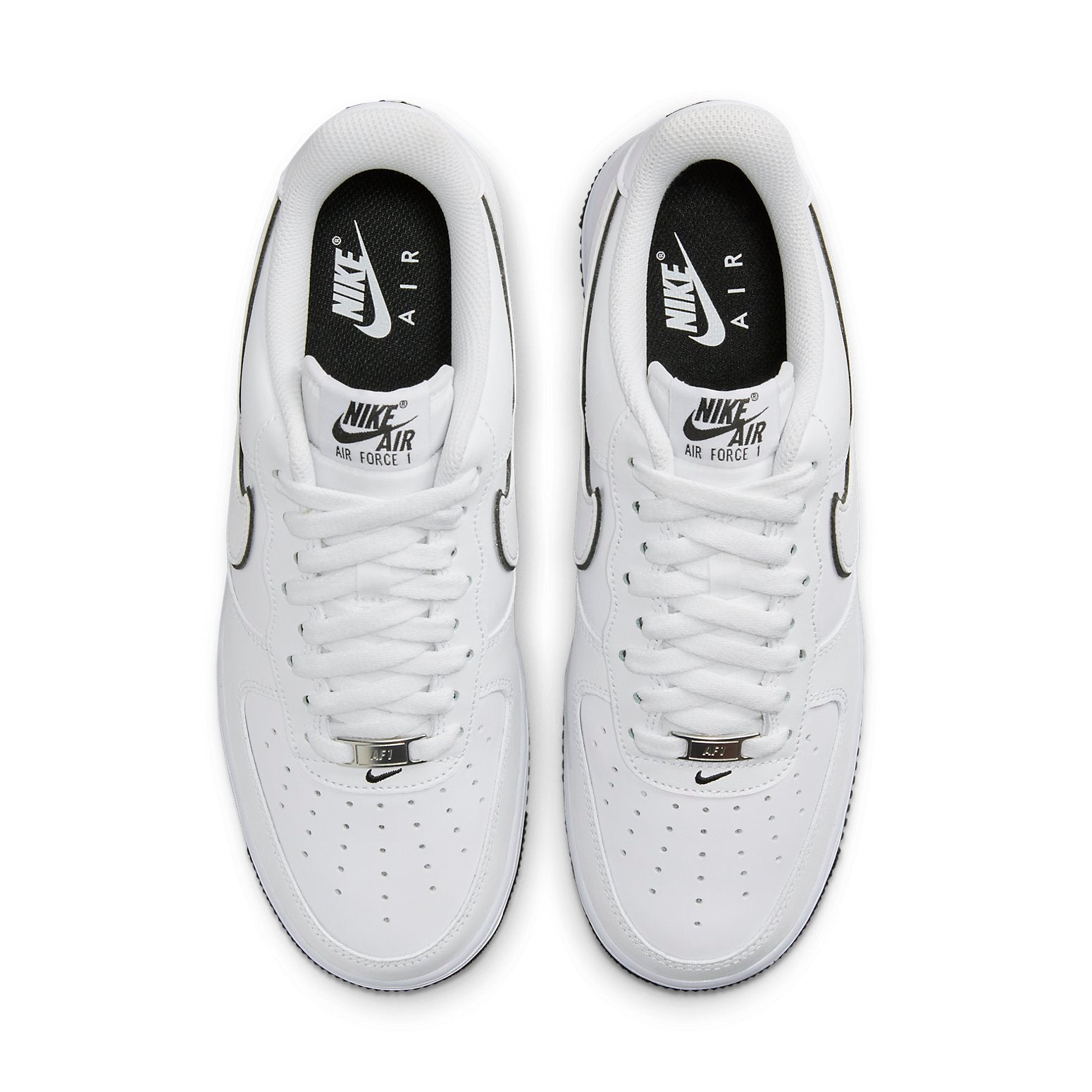 Nike Air Force 1 Low 'White Black' with focus on the black insoles featuring white Nike branding and the 'AF1' metallic lace dubrae.