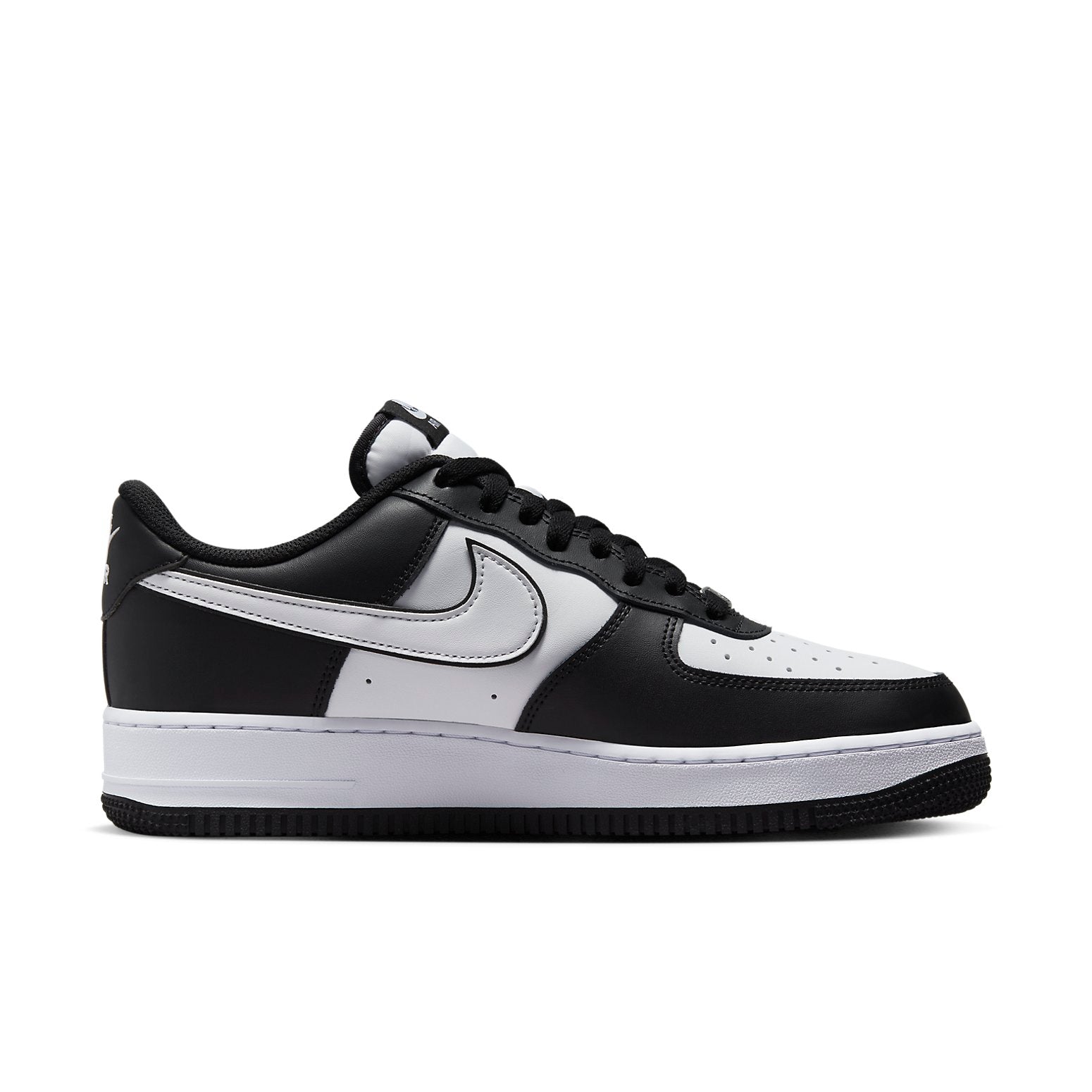 Close-up view of the Nike Air Force 1 '07 'Panda' showcasing the iconic white Swoosh and comfortable foam midsole.