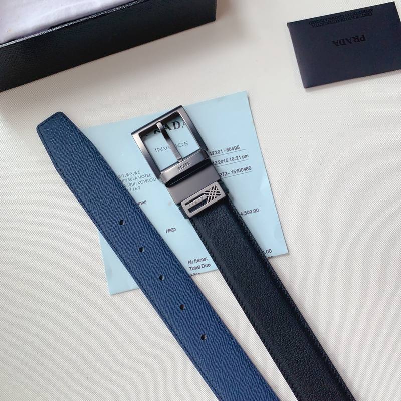 Prada Leather Reversible Belt With Triple Buckles 'Black/Blue' - Banlieue91