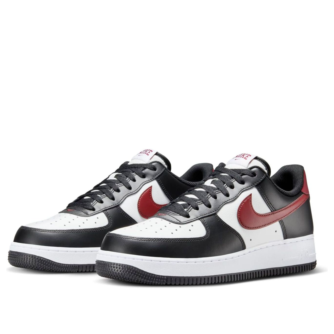 Air Force 1 '07 'Black White Red' sneaker angled view emphasizing the logo and sleek silhouette.