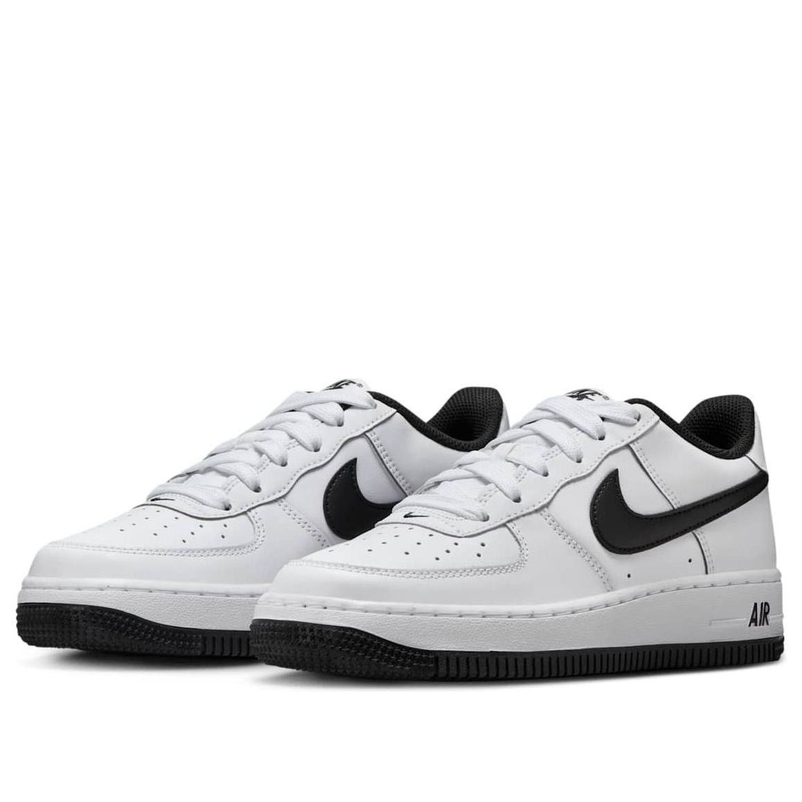 Close-up of Nike Air Force 1 LV8 'White Black' shoe showcasing premium materials and iconic silhouette.