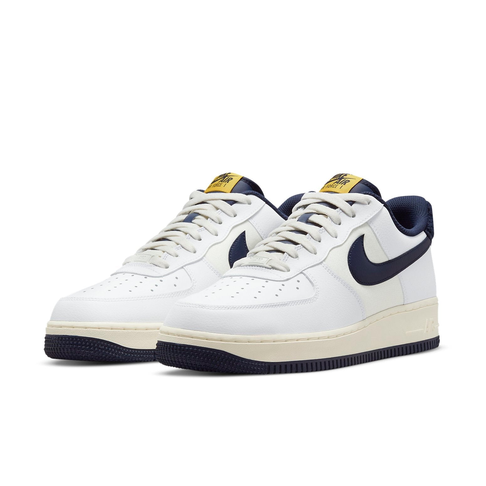 Close-up view of the Nike Air Force 1 '07 LV8 'Varsity Jacket - Michigan featuring high-quality material and 2021 release details.