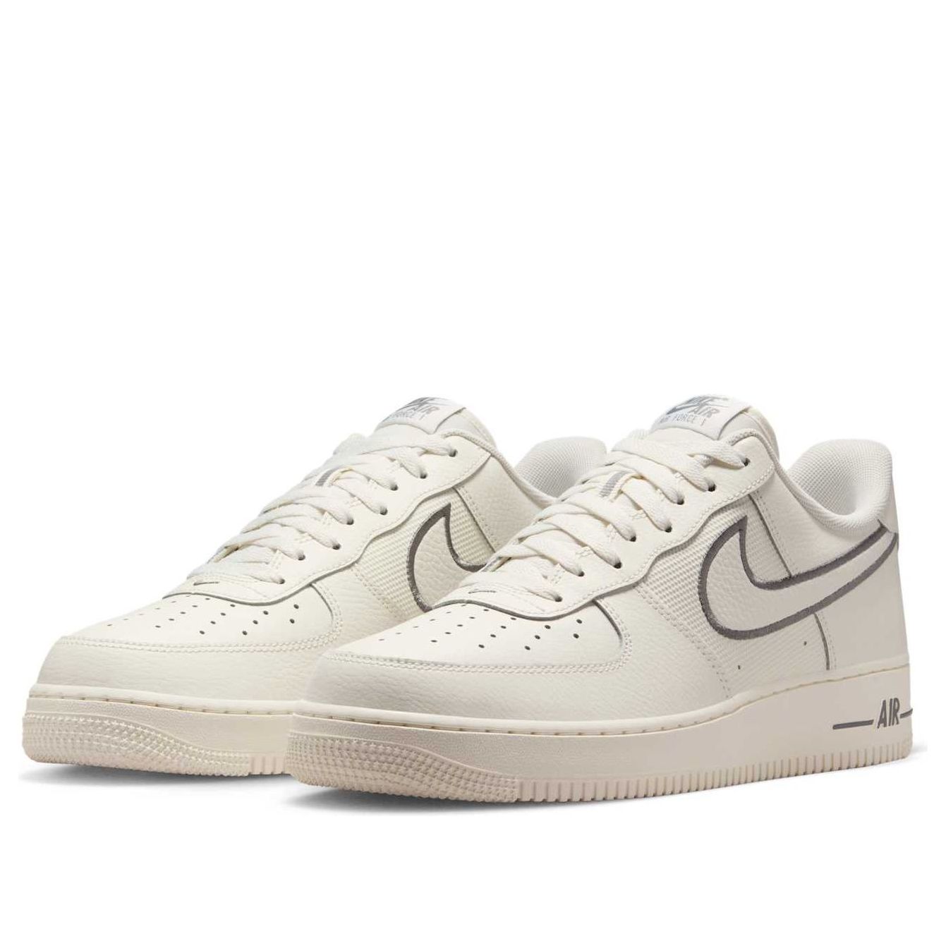 Side view of the Air Force 1 '07 'Sail Cool Grey' sneakers highlighting its comfortable fit and trendy look.