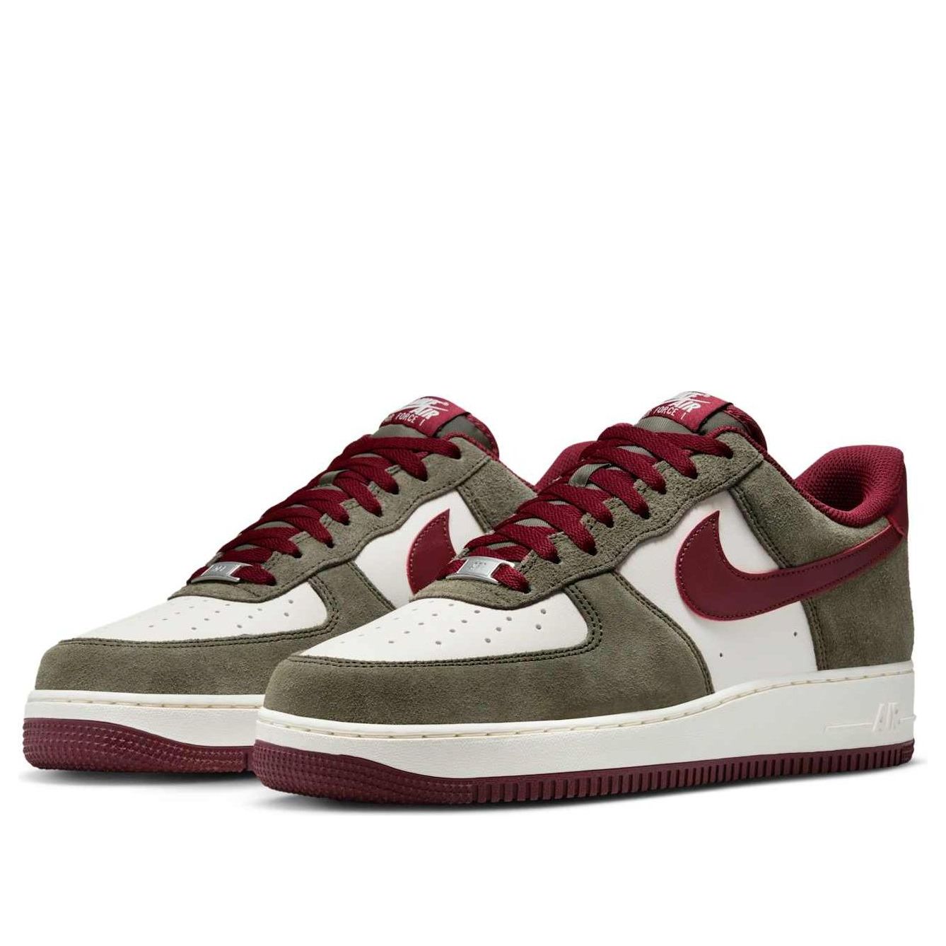 Nike Air Force 1 Low '07 LV8 'Cargo Khaki Pale Ivory Dark Team Red' featuring unique color contrast and iconic silhouette.