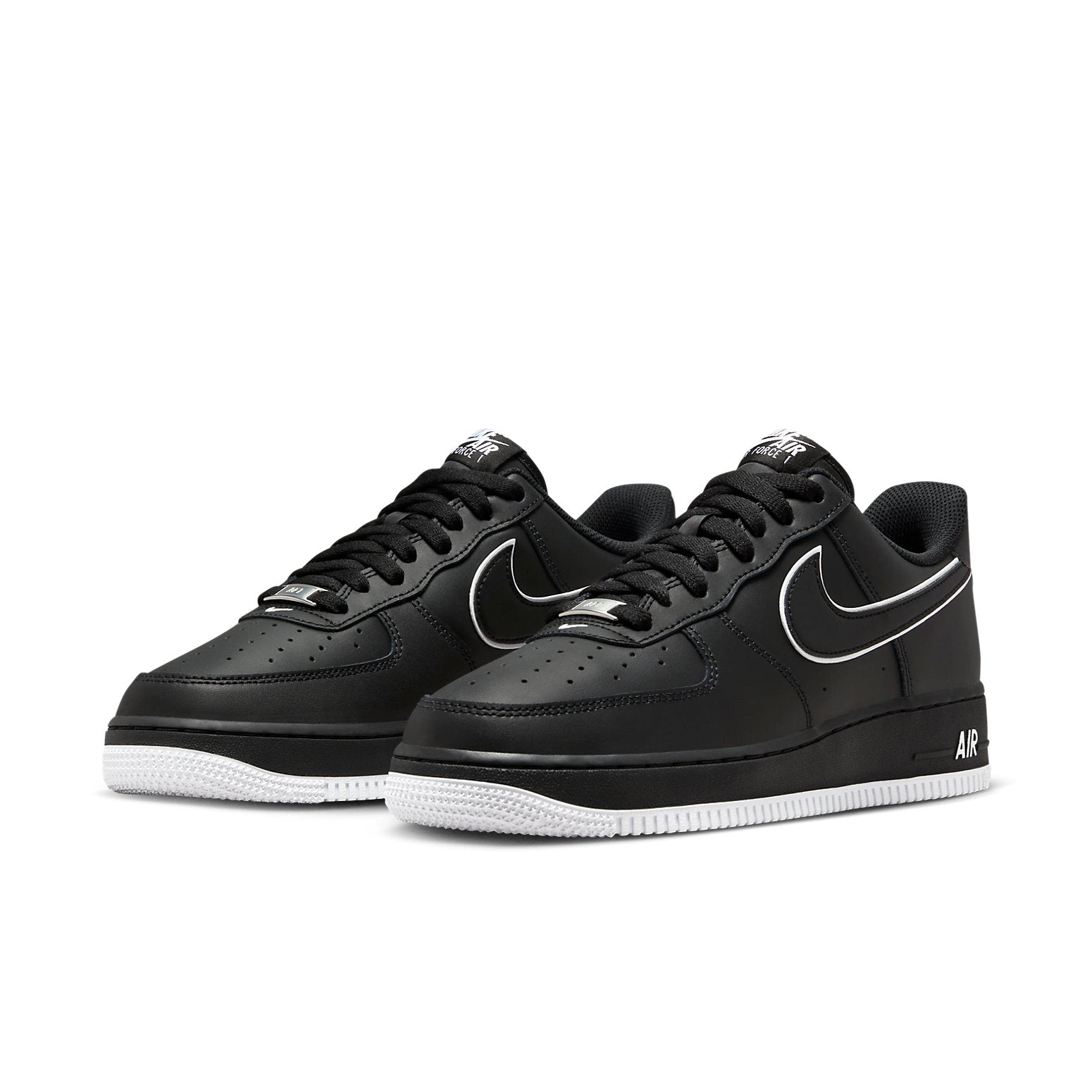 Nike Air Force 1 Low '07 Black White Sole (2023) displayed from above highlighting the unique lacing system and metal 'NIKE' bar.