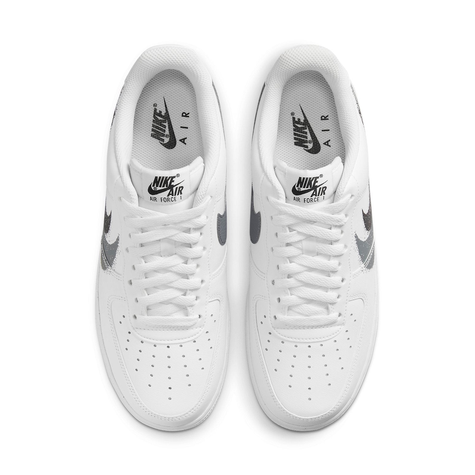 Close-up of the Nike Air Force 1 Low '07 Spray Paint Swoosh White Black Grey detailing the smooth white leather texture and colorful Swoosh.