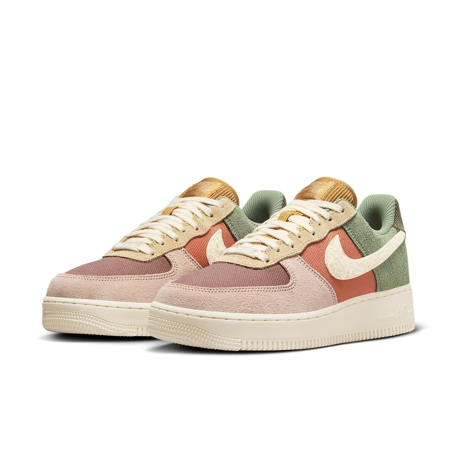 Side profile of Nike Air Force 1 '07 LX 'Oil Green Terra Blush' sneaker, showcasing its unique patchwork design and stylish silhouette.