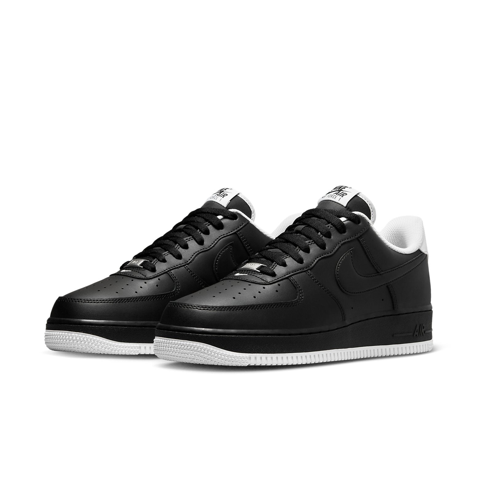 Nike Air Force 1 '07 'Black White' sneaker displayed at an angle highlighting the dark team red accents and comfortable fit.