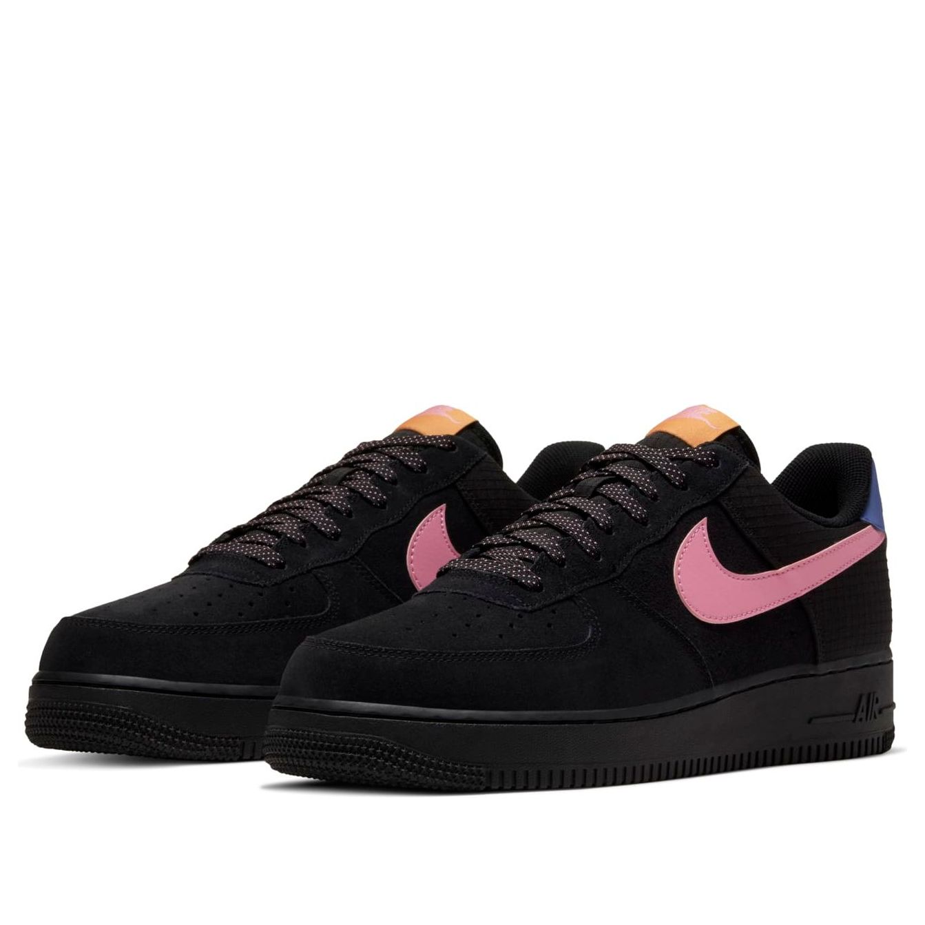 Nike Air Force 1 Low 'Black ACG' featuring a sleek black suede and nylon upper, accented with pink and blue details for a stylish look.
