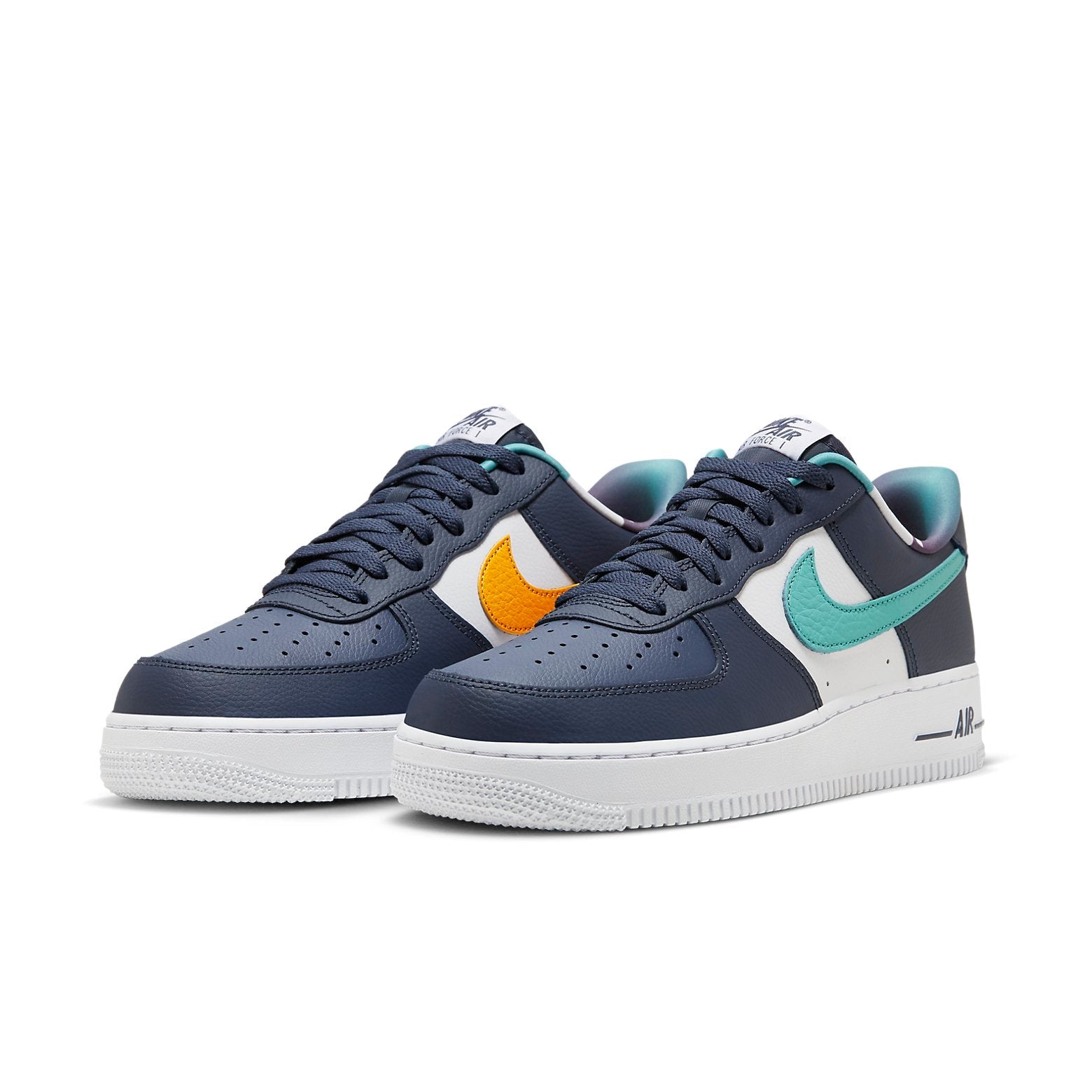 Close-up of the textured material on the Air Force 1 '07 LV8 EMB 'Thunder Blue Washed Teal' sneaker.